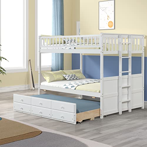 Emkk Full Over Full Bunk Bed With Trundle And 3 Drawers,Full Over Full Bunk Beds With Ladder, Solid Wood Twin Trundle Bed With Rails, Safety High Guardrails For Kids,Teens,White #TOP6