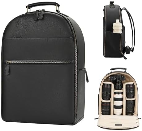 Camera Backpack Classic PU Leather with 15 Inch Laptop Compartment, Professional Camera Bag for Photographers for DSLR Large 20L