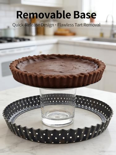 Image of 9 Inch Perforated Quiche Pan for Crispy Crust w /Cake Server. Removable Bottom, Non-Stick Coating, Rugged Carbon Steel Dish for Tart Quiche Pie Baking. Gift for Christmas Thanksgiving Party