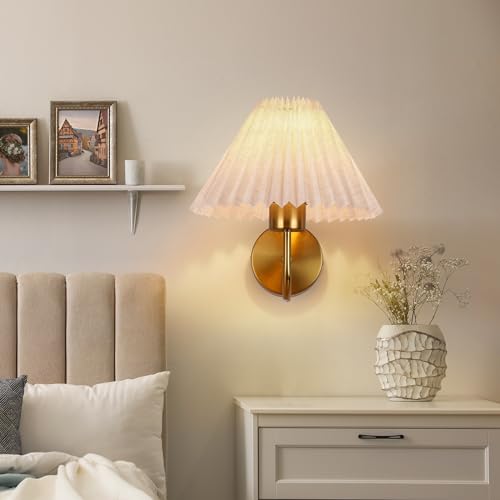 Image of Battery Operated Wall Sconces Set of 2, Gold Wireless Rechargeable Wall Sconces with Remote Control & Magnetic Bulbs, Dimmable 15 Colors Pleated Shade Wall Lights for Bedroom, Living Room Decor Gift