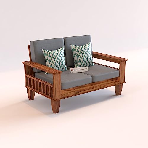 Image of Sheesham Wooden 2 Seater Sofa for Living Room | Rosewood 2 Seater Cushion Sofa with Side Newspaper Holder for Home & Office | Solid Wood Sofa Set for Lounge (Honey Finish)