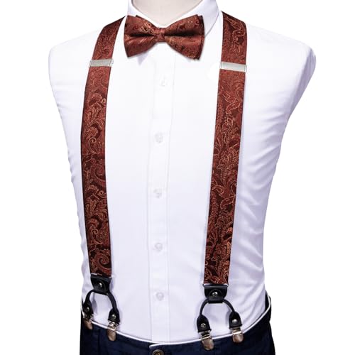 Image of YOHOWA Men Suspenders 6 Clips Strength Adjustable Y Braces Pre-Tied Bow Tie Set Formal Wedding Party