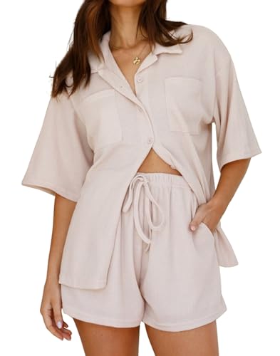 Image of Dressmine Womens Summer Short Sleeve Lounge 2 Piece Set Casual Button Down Shirts Pajama Sets 2025 Trendy Shorts Outfits