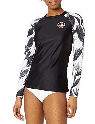 Body Glove Women's Sleek Long Sleeve Rashguard with UPF 50+, Black White Floral, Large