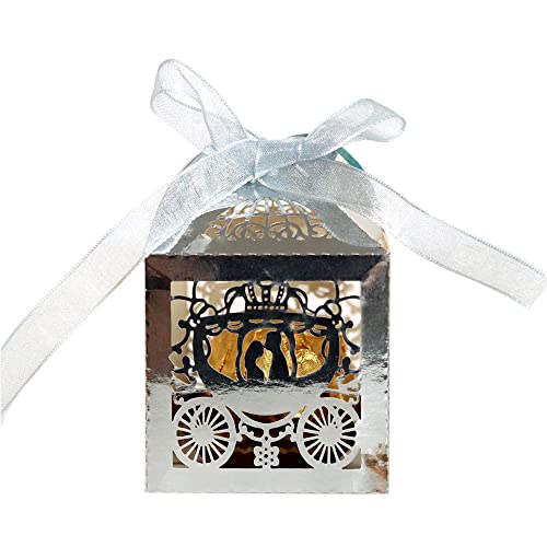 GIVBRO Lot de 50 boîtes à dragées pour mariage - Motif carrosse - Boîte cadeau pour fête d'anniversaire - Argenté