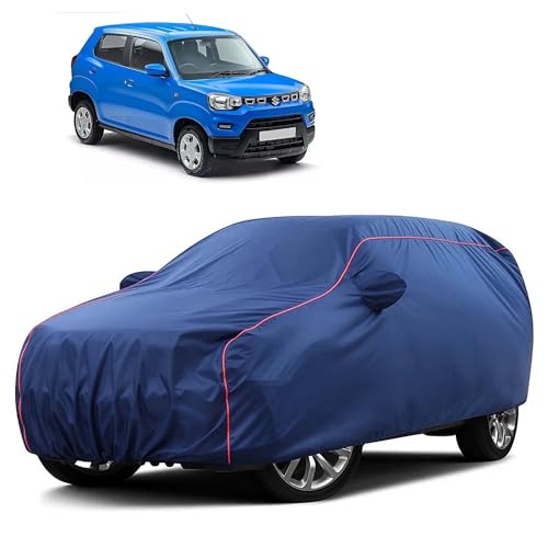 Image of Sulfar 100% Water Resistant Car Body Cover Compatible with Mirror for Maruti Suzuki S-presso (Triple Stitched, Full Bottom Elastic, Blue Taffeta with Red Piping)