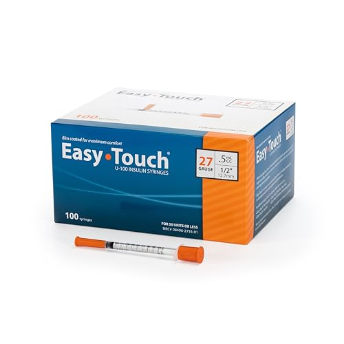 Image of Easy Touch 27 Gauge U-100 Insulin Syringes (27G 0.5cc 1 /2 inch) with 1 /2 inch Long Needle, 0.5cc (50 Unit Capacity), Bold Markings for Accurate Dosing, Disposable, Box of 100