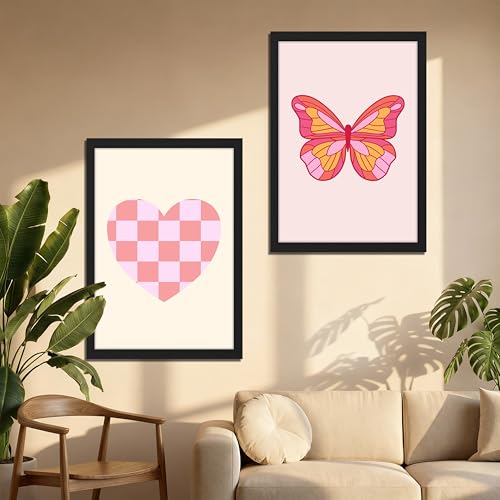 Image of NoWorries Pink Aesthetic Heart & Butterfly Wall Art Framed Painting Set | Cute Minimal Art Prints | Premium 300 GSM Paper Print with Synthetic Wooden Frame | Modern Wall Decor for Bedroom, Living Room, Girls Room & Studio (Set of 2) (BLACK, ART-3, 10X13INCHES)