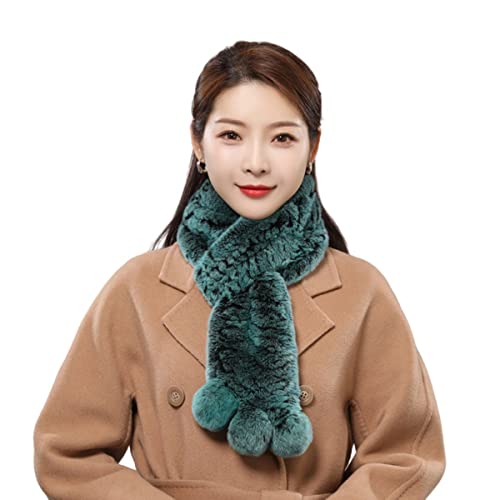 XUYUZUAU Femmes Écharpes en Fourrure Véritable Rex lapin Fourrure Écharpe Chauffe-cou en Tricot Hiver Chaud avec Pompom