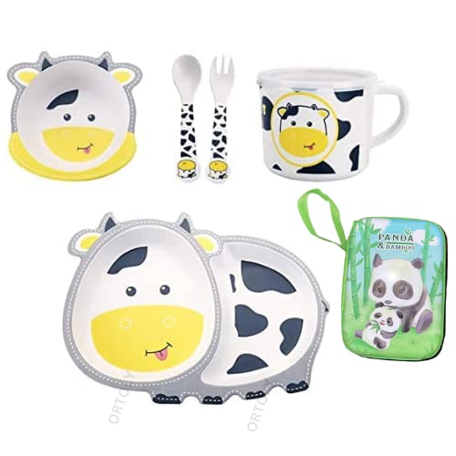 Kids Eco-Friendly Crockery Dinner Set Bamboo Fibre Dinnerware Toddler Self Feeding Baby Utensil Set of 5 pc Dinner Set for Kids and Baby (Gentle Cow)