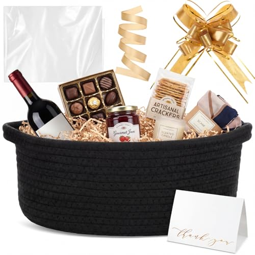 Colingmill Woven Basket with Gift Bags and 2 Ribbons Raffia Grass Paper Shred Filler Gift Card Empty Small Rope Basket for Storage Presents Toy Organizer(Black 12 * 8 Inch)