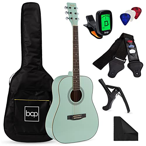 Best Choice Products Kit de démarrage pour guitare acoustique tout en bois avec étui, sangle, capodastre, cordes, médiators, accordeur – Vert social 104,1 cm - Les Beatles, Paul McCartney, John Lennon, RIngo Starr, George Harrison Best Choice Products Kit de démarrage pour guitare acoustique tout en bois avec étui, sangle, capodastre, cordes, médiators, accordeur – Vert social 104,1 cm