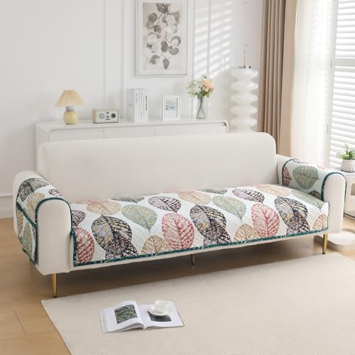 Image of HOKIPO 'HomeHues Series' Printed Quilted Sofa Seat Mat for 1 Seater Sofa with 2 Armrest Covers with Pockets, Multicolor Linden Leaf (IN-806-D7 + IN-814-D7*2)