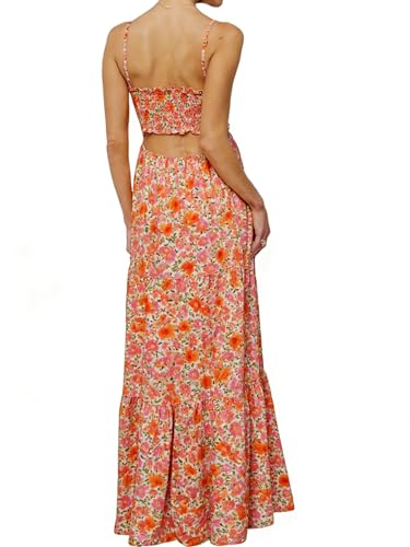 Image of Womens Summer Floral Spaghetti Strap Backless Low Cut Smocked Milkmaid Flowy Beach Sundresses