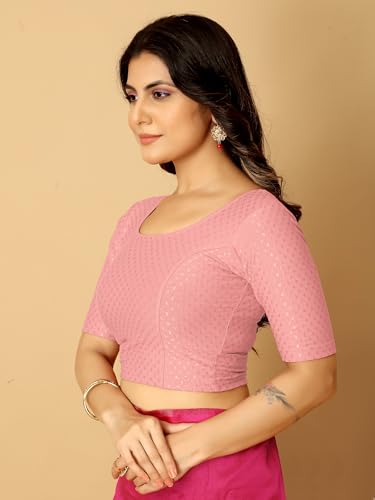 Image of Amazon Brand - Anarva Round Neck Dobby Cotton Lycra Stretchable Elbow Half Sleeve Readymade Saree Blouse for Women Stylish