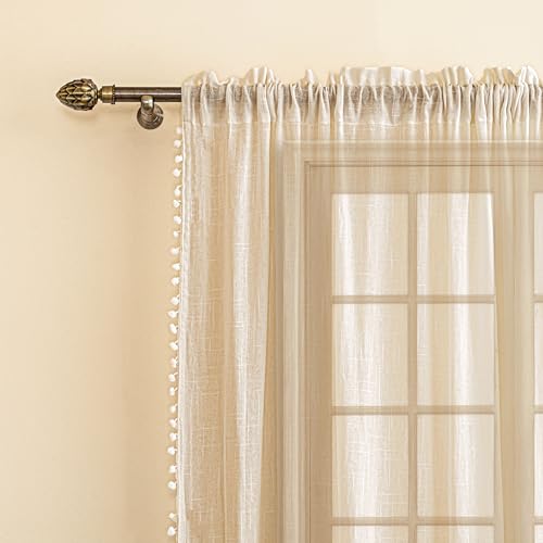 HOMEMONDE Window 5 Feet Curtains Sheer Linen Textured Panels Set with Decorative Border Pompoms,...