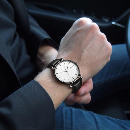 Image of BUREI Men's Fashion Minimalist Wrist Watch Analog Date with Leather Strap