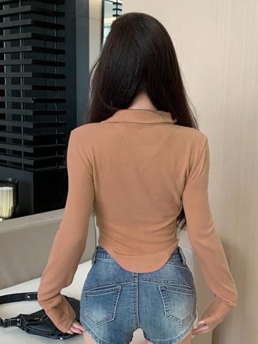 Image of Istyle Can Women's Top Solid Long Sleeve Ribbed Asymmetric Hem Casual T-Shirt with Zipper Collar. Full Sleeve, Rib Knit, Plain, Slim Fit