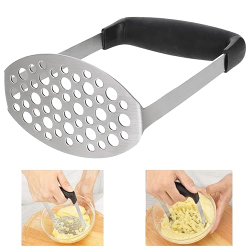 BOBOZHONG Machacador de Patatas de Acero Inoxidable - Manejador Suave Antideslizante para Puré, Frutas, Verduras y Comida de Bebé (Negro)