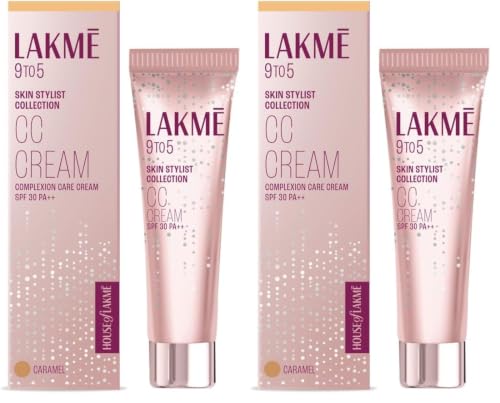 Image of Lakme 9 to 5 CC Cream Caramel with 3% Niacinamide Complex SPF30 PA++ | 90% lightweight moisturizing cream for Care & 10% Foundation for Care |Conceals Dark Spots| Brightens Skin |30 g (Pack of 2)