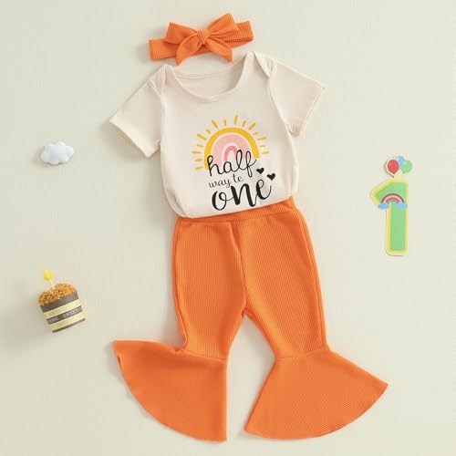 Newborn Half Way To One Baby Girl Outfit Short Sleeve Romper T Shirt Ribbed Knit Flare Pants Headband Set 3Pcs Summer3