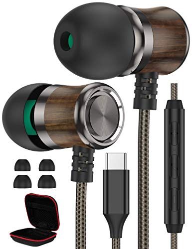 Wood USB C Headphones, Type C Earbuds Wired Oneplus 9 Pro in-Ear Wooden Earphone Stereo Bass USB Type C Headphone HiFi Digital DAC Noise Cancelling Earphones with Mic for Galaxy S21 Ultra S20 Note 20