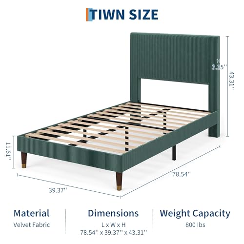 Image of Upholstered Platform Bed Frame with Corduroy Headboard, Sturdy Metal Frame & Wooden Slats, 800lbs Weight Capacity, Noise-Free, No Box Spring Needed, Easy Assembly, Under-Bed Storage, Twin Dark Green