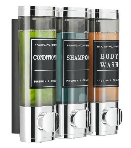 Shower Soap Dispenser Wall Mounted No Drill Shampoo Dispenser for Shower Wall Shampoo and Conditioner Dispenser Bathroom Hotel 3 * 300ml Chrome with Labels