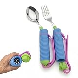 AHAKINSPIRO Weighted Adaptive Utensils for Enhanced Stability - Bendable, Non-Slip Utensil Set with Adjustable Wrist Strap & Customizable Weight - Assistive Eating Tools for Daily Independence (Blue)