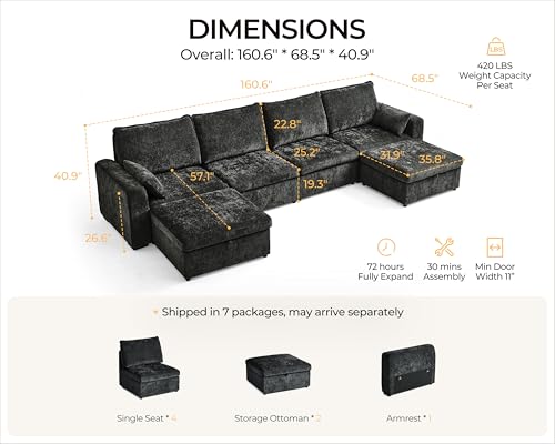 Image of 160.6'' Oversized Modular Sofa Comfy Cloud Couch with Storage, Extra Deep Plush Sectional Sofa Set U-Shaped for Living Room, Covers Washable, 6-Seater with 2 Ottomans, Chenille, Black