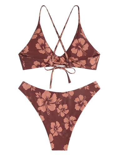 Image of ZAFUL Women's Tie Back Padded High Cut Bralette Bikini Set Two Piece Swimsuit