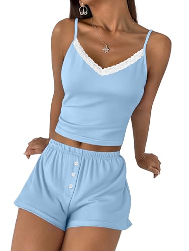 Image of Ekouaer Cami Pajama Sets Y2K 2 Piece Lace Crop Top and Shorts Sexy Pjs Summer Lingerie Sleepwear Nightwear for Women