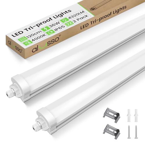 ALUSSO 2x Plafoniera da Officina 120CM,36W 4320LM Tubo Led Impermeabile IP65 Bianco Naturale 4000K Plafoniere LED per Garage Ufficio Cantina Cucina Supermercato Bagno Seminterrato