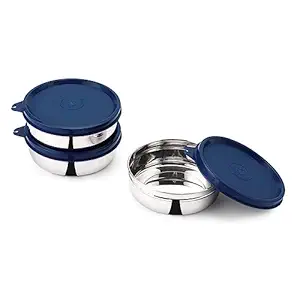 SOPL-OLIVEWARE Magic Storage Container, 100% Leak Proof & BPA Free Lid, Dishwasher Safe, 3 Stainless Steel Containers with 300 ml Each - Blue