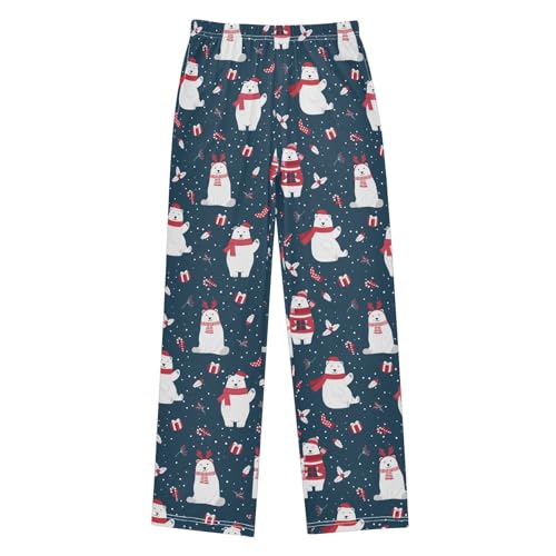 ZZXXB Christmas Bear Candy Cane Boys Long Pants Soft Trousers Elastic Waist Kids Lounge Bottoms with Pockets S-XL
