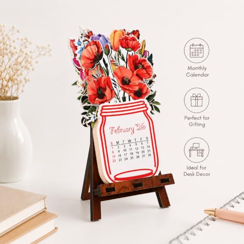 Image of GKD Paper Desk Calendar 2026 with Wooden Stand | Monthly Flip Calendar for Office, Home & Study Table | Aesthetic Floral Theme | Canning Jar Shaped | Eco-Friendly & Durable