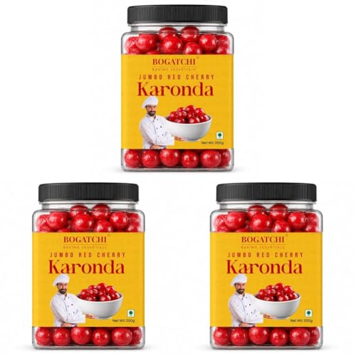 Image of BOGATCHI Jumbo Red Cherry Karonda for Cake Decoration, Ice Creams, Shakes & Desserts | Big Juicy Cherry Toppings for Baking, Garnishing & Sweets | Delicious, Tasty & Ready to Use | 200g (Pack of 3)