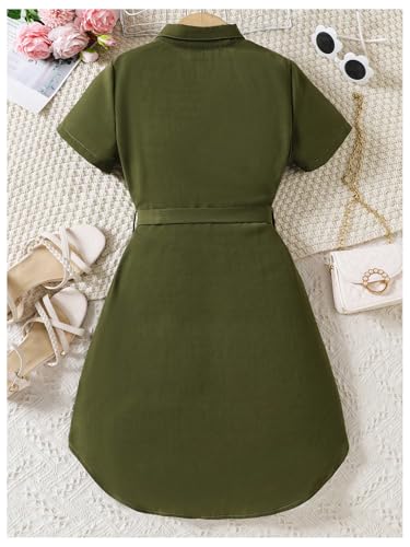 OYOANGLE Girl's Button Down Collared Dress Short Sleeve A Line Casual Belted Dresses2
