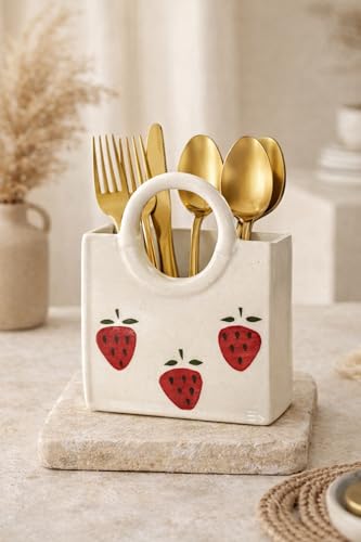 Image of Ceramic Utensil Holder, White Kitchen Organiser, Cutlery Set Holder (Strawberry)