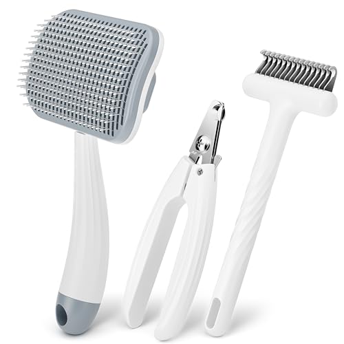 Brosse Chat & Chien Poil Long – Kit Toilettage 3 en 1 avec Brosse Auto-Nettoyante, Peigne Démêloir & Coupe-Griffes – Soin Complet Anti-Mue et Nœuds pour...