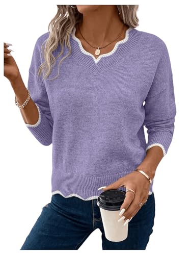 MakeMeChic Women's 2024 Fall Sweaters Long Sleeve Lettuce Trim Lightweight Ribbed Knit Casual Pullover Sweater Tops