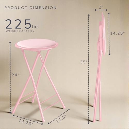 Image of Lavish Home Folding Stool with Padded Backless Seat, Pink, 24 Inch | Counter Height Bar Stools with 225lb Capacity, Portable Indoor & Outdoor, Extra Seat for Kitchen, Rec Room or Camping