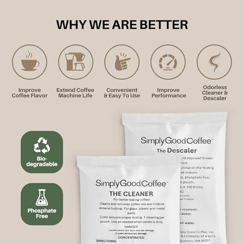 Image of Simply Good Coffee Descaler and Cleaner. Coffee Maker and Espresso Machine Descaling Cleaning Bundle. Coffee Maker Cleaner and Descaler for All Coffee Machines. 8 Packs