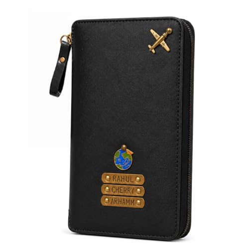 Image of The Junket Personalised Zipper Family Travel Passport Holder Organizer | Holds Up to 3 Passports | Water-Resistant Faux Leather Document Organizer Wallet with Card & SIM Slots, Coin Pocket (Black)