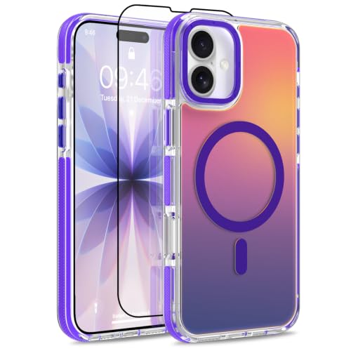 Image of Magnetic Case for iPhone 17 [Compatible with Magsafe] [Cute Fashion Fluorescent Design] [1 Screen Protector] Slim Translucent Matte Case for iPhone 17 6.3 inch 2025, Purple