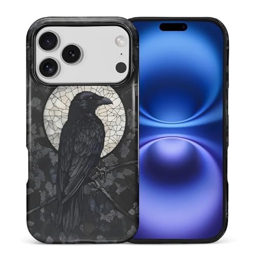 ZHEGAILIAN Case for iPhone 18 Pro iPhone 17 Pro,Durable Drop Protection Shockproof Silicone + Hard PC 2 in 1 Hybrid Protective Cover with Stylish Pattern Design - Black Crow Raven Stained Glass