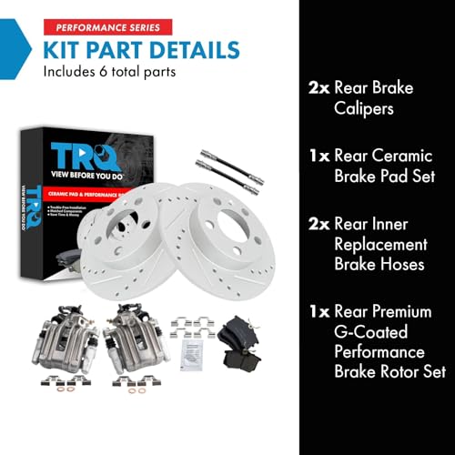 Image of TRQ Performance Rear Brake Pad and Rotor Set Ceramic Slotted Drilled Coated Rotors Calipers Compatible with 2007-2010 Volkswagen Beetle 1999 Golf