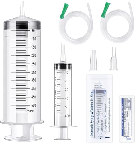 Large Syringe 500ml Oil Suction Syringes 500ML + Syringes 60ML with 2 Soft Tubes Large Syringe Large Capacity PP Material for Industry Lab Syringes Garden Pet Feeding Plant Watering
