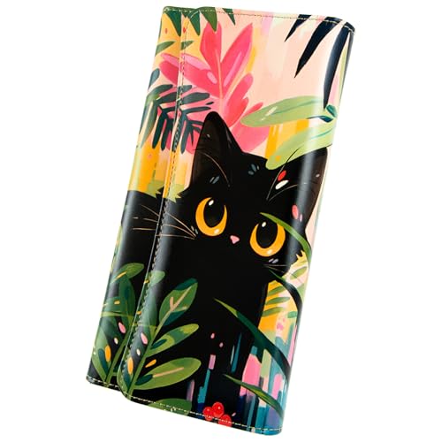 Image of Womens Wallet Leather RFID Blocking Trifold Ladies Purse long Clutch Credit Card Holder Phone Checkbook Organizer (Black Cat Leafs)