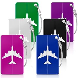 Caianwin 6 Pcs Luggage Tags, Aluminium Alloy Suitcase Tags, Suitcase Labels with Steel Loop and Waterproof Name ID Card, Bag Tags Travel Accessories for Checked Luggage